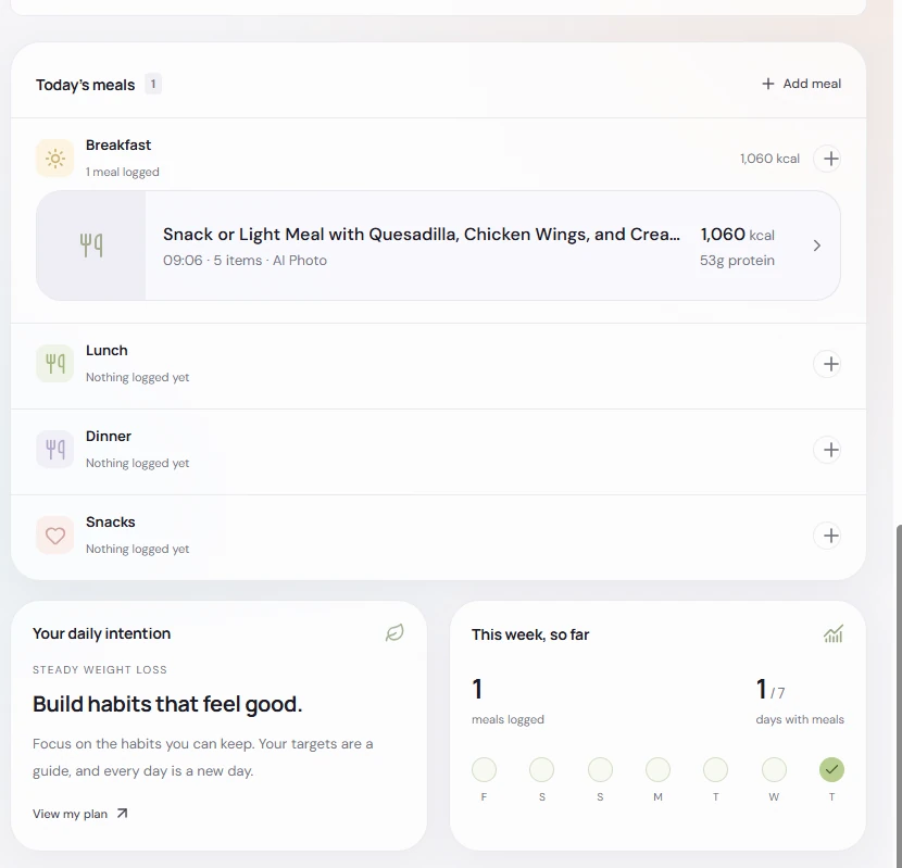Today's meals list grouped into breakfast, lunch, dinner and snacks, with an AI Photo meal showing items, calories and protein, plus a weekly streak.