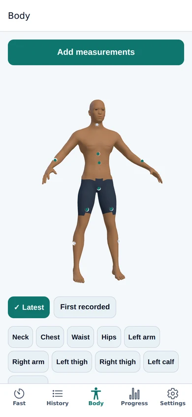 Body tab: a 3D body figure with markers on measured regions, Latest and First recorded toggles, and region chips such as neck, chest and waist.