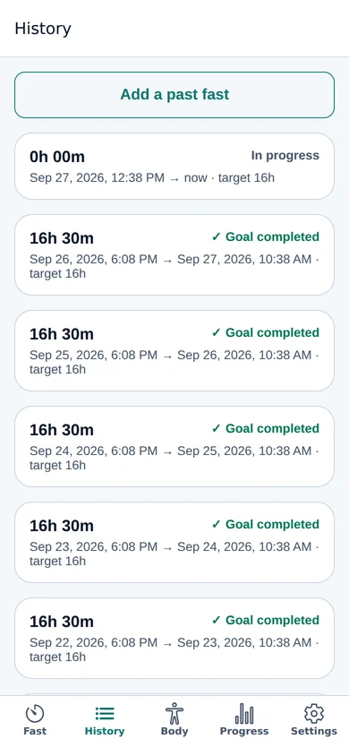 History tab: a list of fasts with durations, start and end times, targets and goal-completed status, plus Add a past fast.