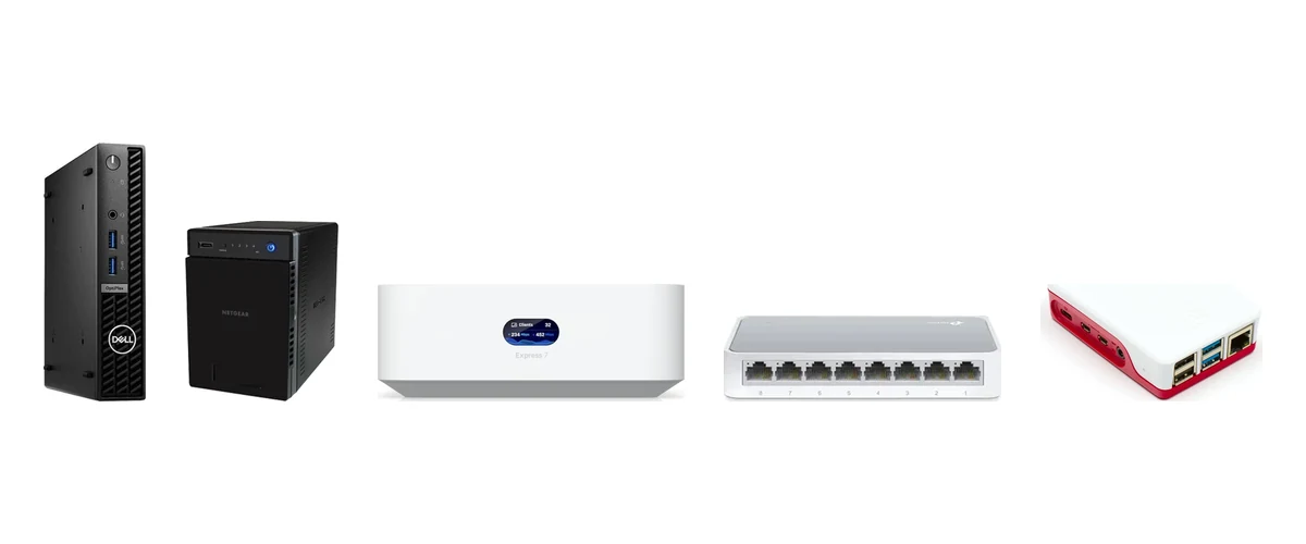 Homelab hardware: a mini PC server, a four-bay NAS, a router/gateway, an eight-port switch and a Raspberry Pi.