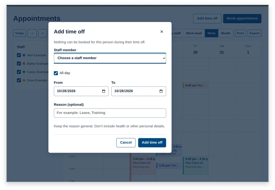 Add time off dialog with staff member, all-day option, from and to dates, and an optional general reason.