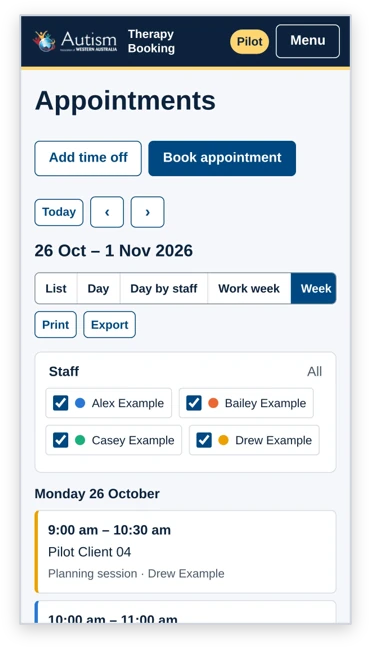 Appointments screen on a phone: view switcher, staff filter chips and a list of the week's appointments.